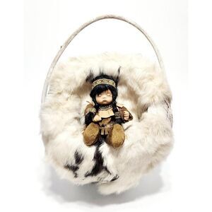Vintage Native American Indian Papoose Porcelain Baby Girl Doll Wood Cradleboard